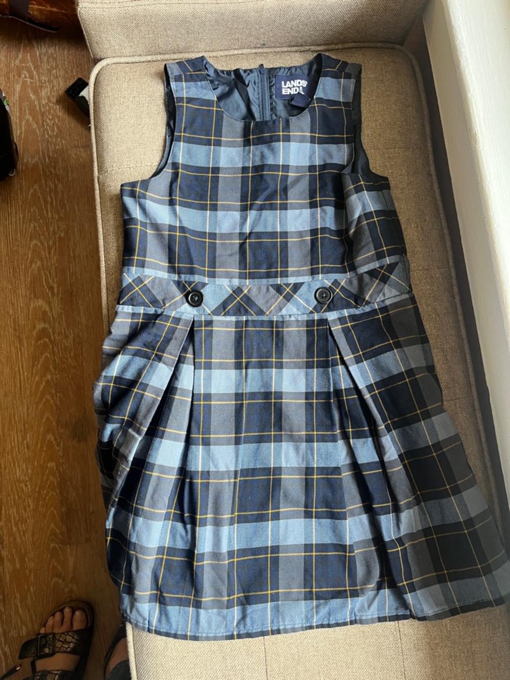 Lands' End Navy and Light Blue Plaid Girls' Jumper Dress